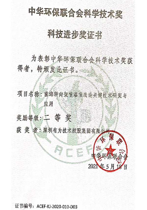 中华环保联合会科学技术奖 科技进步奖证书